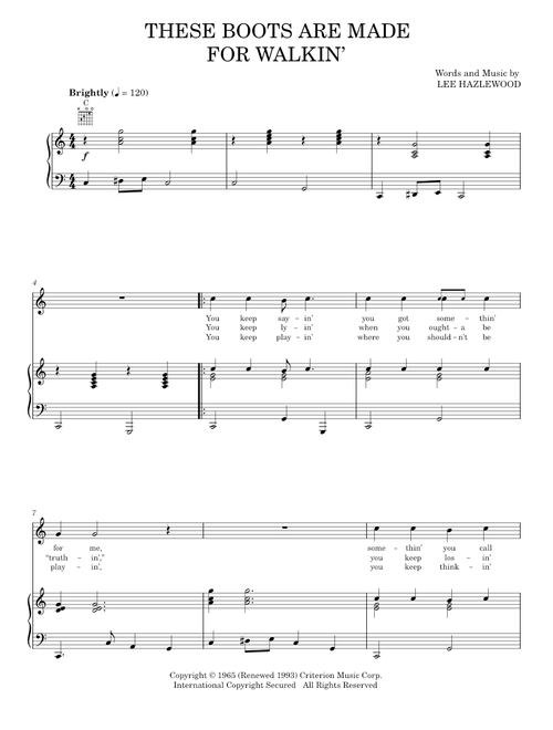 These boots are made for walkin - Nancy Sinatra (Piano-Vocal-Guitar)