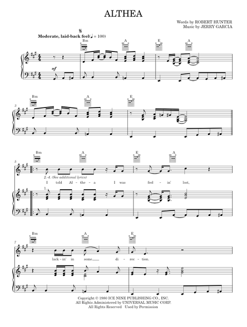 Althea - Grateful Dead (Piano-Vocal-Guitar)