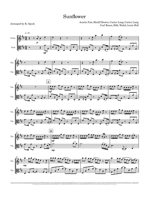 Sunflower (Arr. K. Speck) - Post Malone & Swae Lee (Instrumental Duet)
