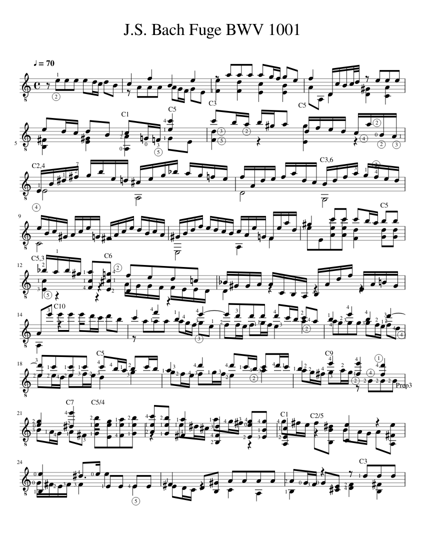 J S Bach Fuge BWV 1001 (w fingering) Sheet Music for Guitar