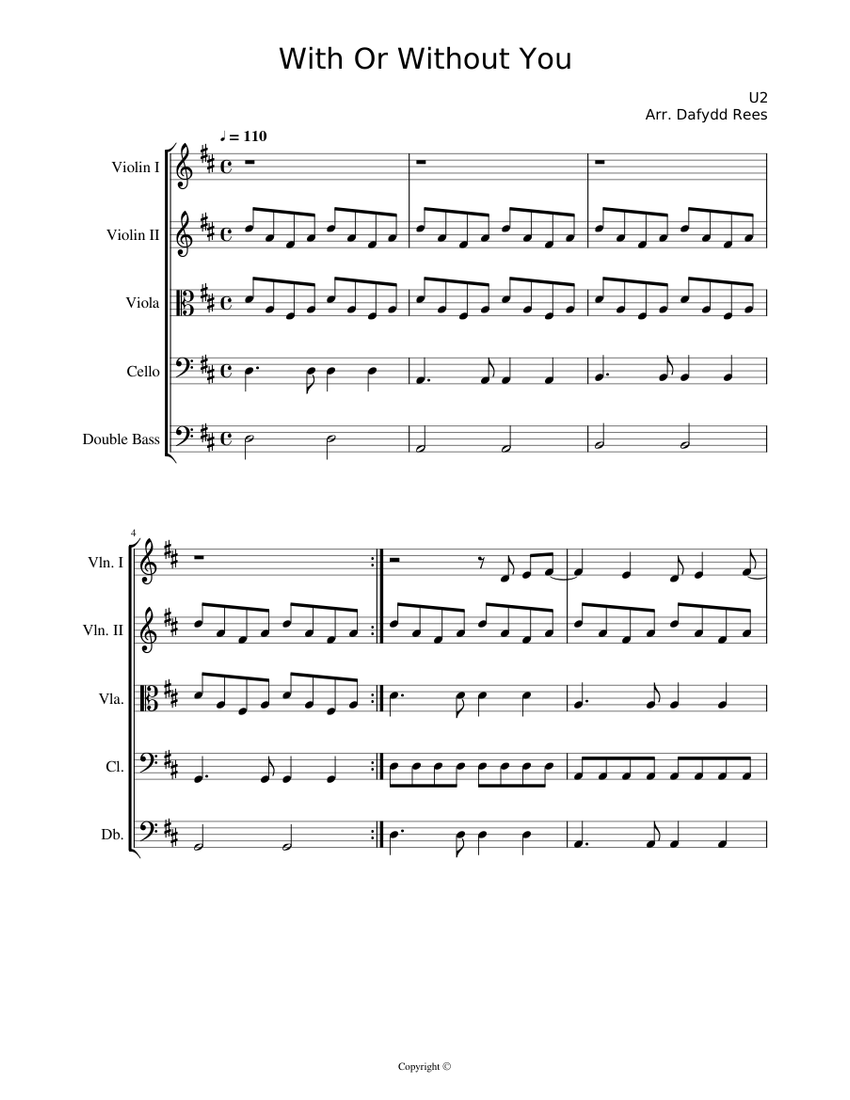 With Or Without You - U2 Sheet Music for Contrabass, Violin, Viola ...