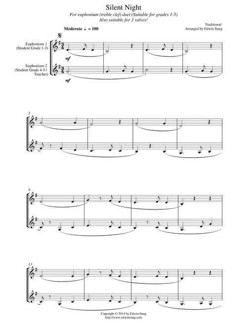 Silent Night (for euphonium duet (Bb treble, 3 or 4 valved), suitable for grades 1-5) (Arr. Edwin Sung) - Traditional (Euphonium Solo)