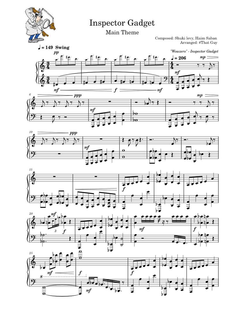 Inspector Gadget Theme Song Sheet Music For Piano Solo
