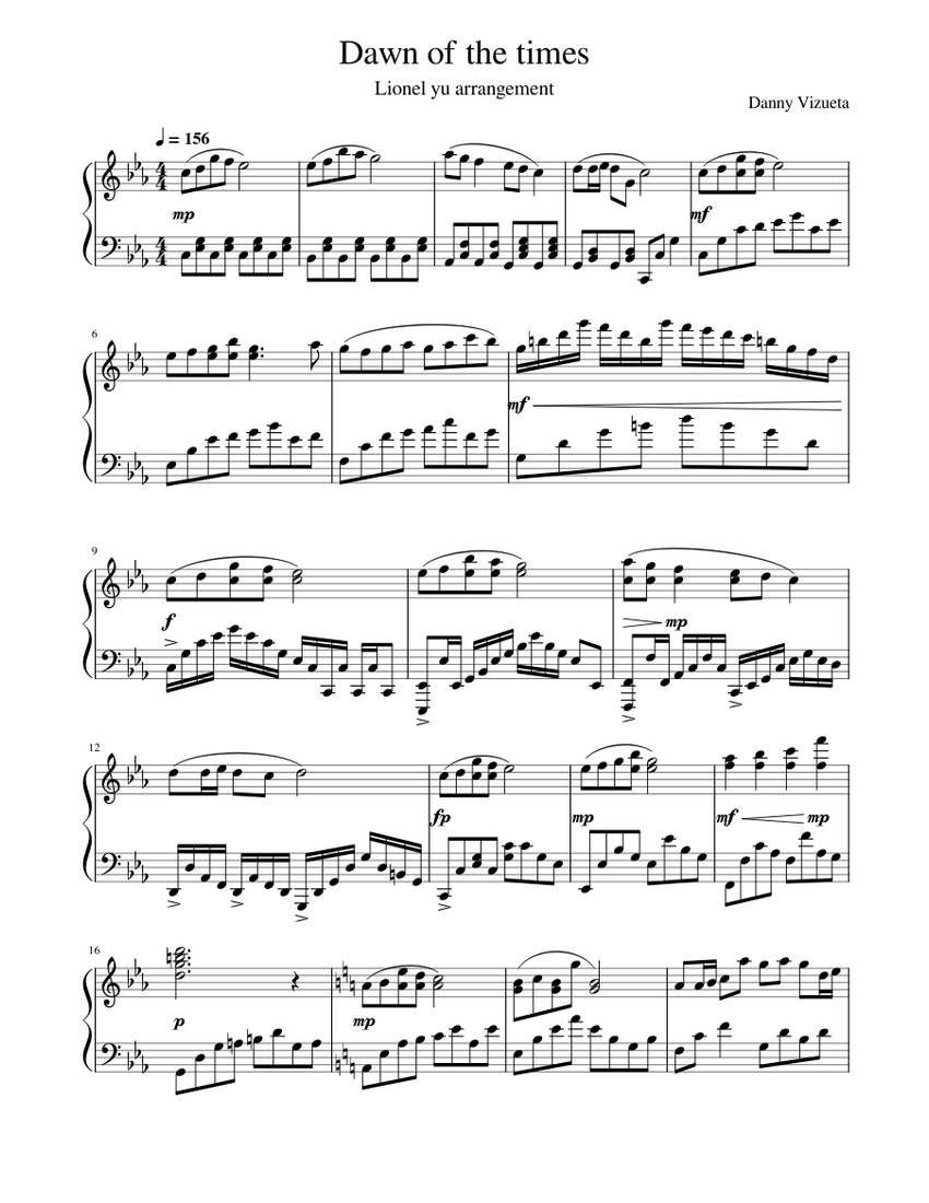 Dawn of the time-Arrangement by Lionel Yu Sheet Music for Piano