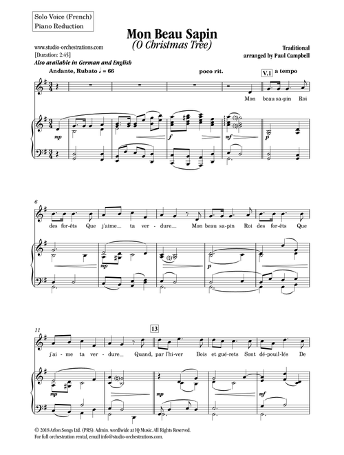 Mon Beau Sapin (O Christmas Tree) (Arr. Paul Campbell / Studio Orchestrations) - Traditional (Piano Vocal)