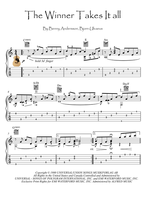 The Winner Takes It All (Arr. PianoSheetNow) - ABBA (Guitar Tab)