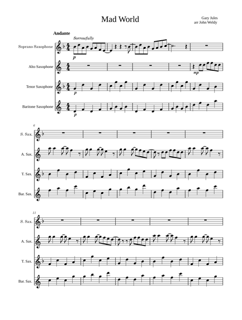 Mad world – Gary Jules for Sax Quartet