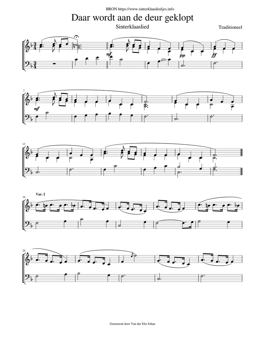Daar wordt aan de deur geklopt Sheet music for Flute, Cello (Mixed Duet)