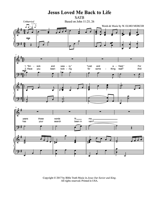 Jesus Loved Me Back To Life - W. Elmo Mercer (Choral, SATB)