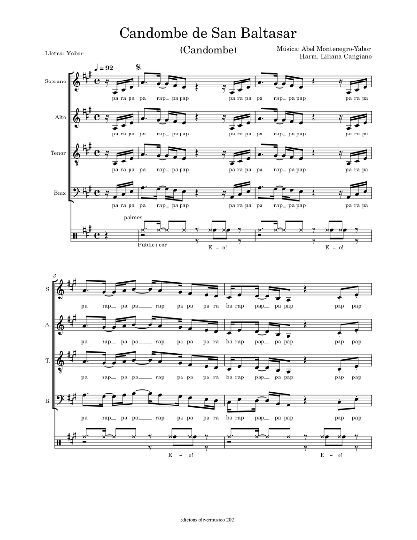 Candombe de San Baltasar Sheet Music with Chords for Soprano, Alto ...