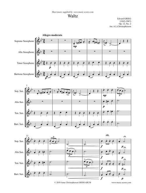 Waltz, Op.12, No.2 - Sax Quartet (Arr. Anne Christopherson GRSM ARCM) - Grieg, Edvard (Woodwind Ensemble)