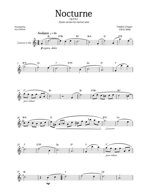 "Nocturne" (Chopin) - Beautiful EASY version for CLARINET SOLO. (Arr. Iury Cardoso) - Frédéric Chopin (Clarinet Solo)
