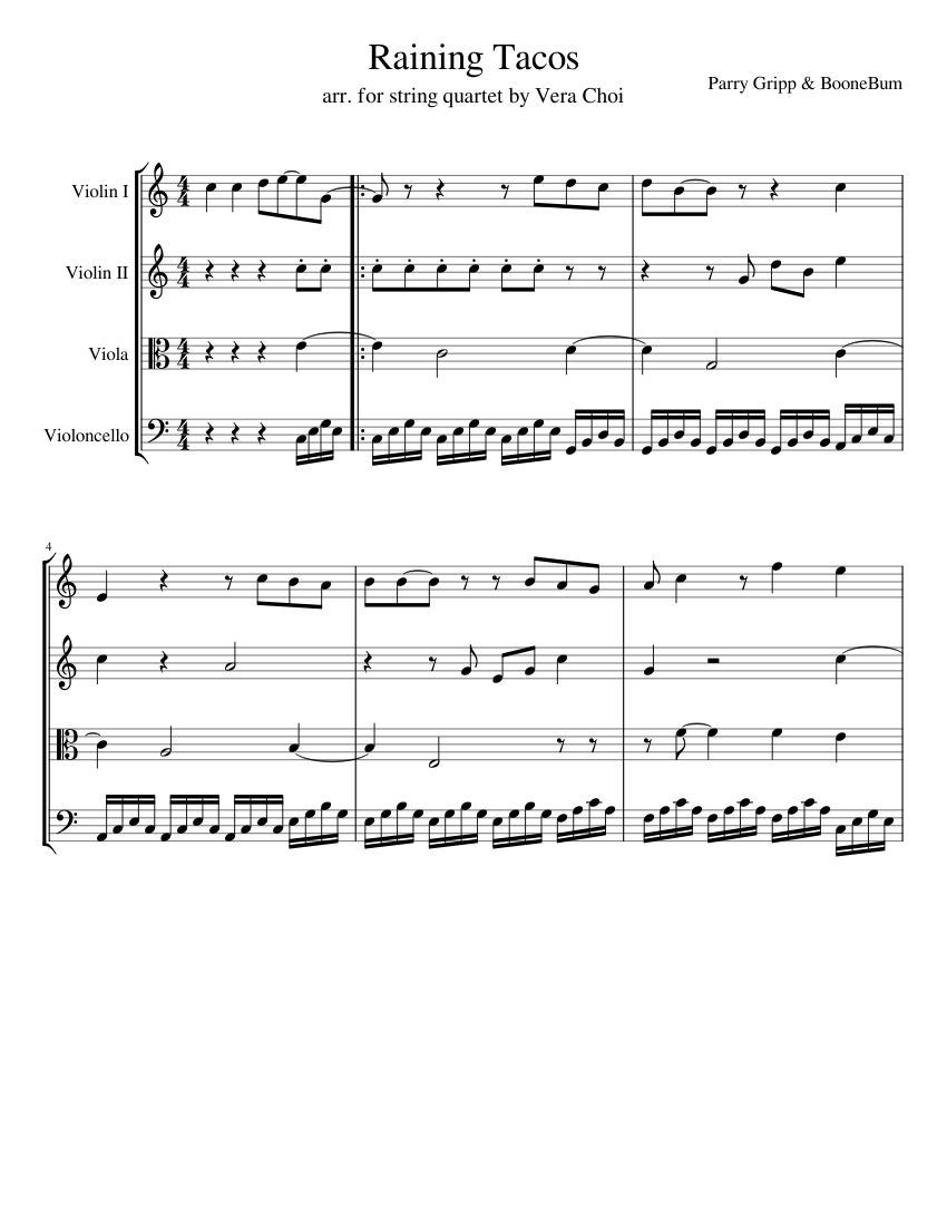 Raining Tacos Sheet Music for Violin, Viola, Cello (String Quartet ...