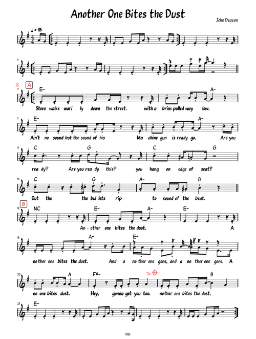Another One Bites the Dust (Lead sheet with lyrics and accompaniment)