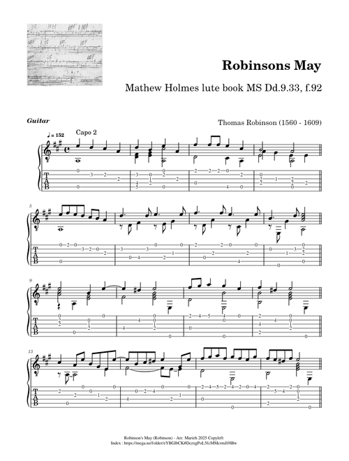 Robinson's May – Thomas Robinson (1560 - 1609) - Tablature