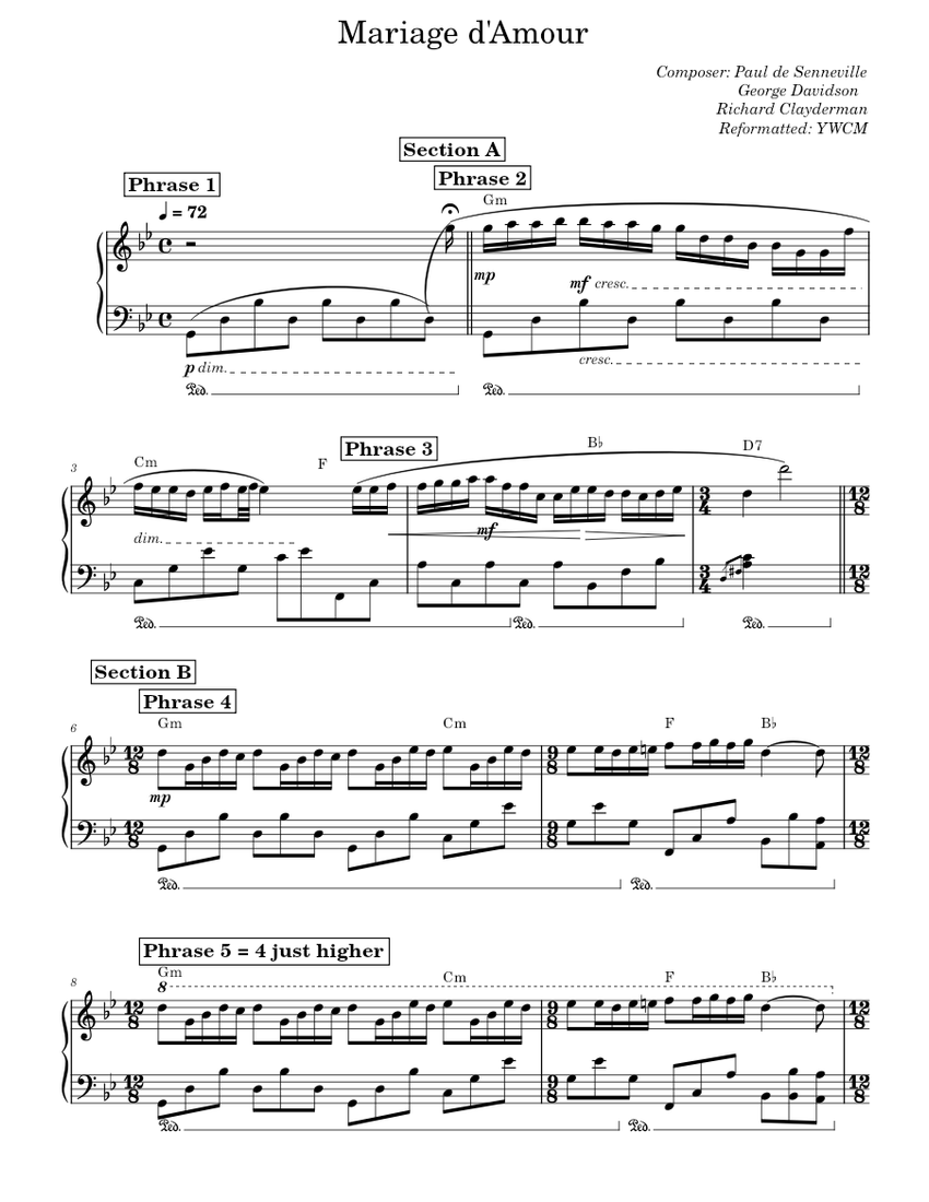 Mariage d Amour - Paul de Senneville YWCM reformatted Sheet music for ...