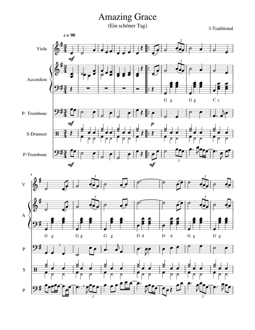 Amazing Grace Sheet music for Trombone Accordion Violin Drum group Mixed Quintet Musescore