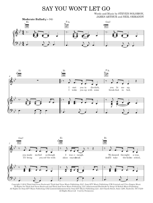 Say You Won't Let Go - James Arthur (Piano-Vocal-Guitar)