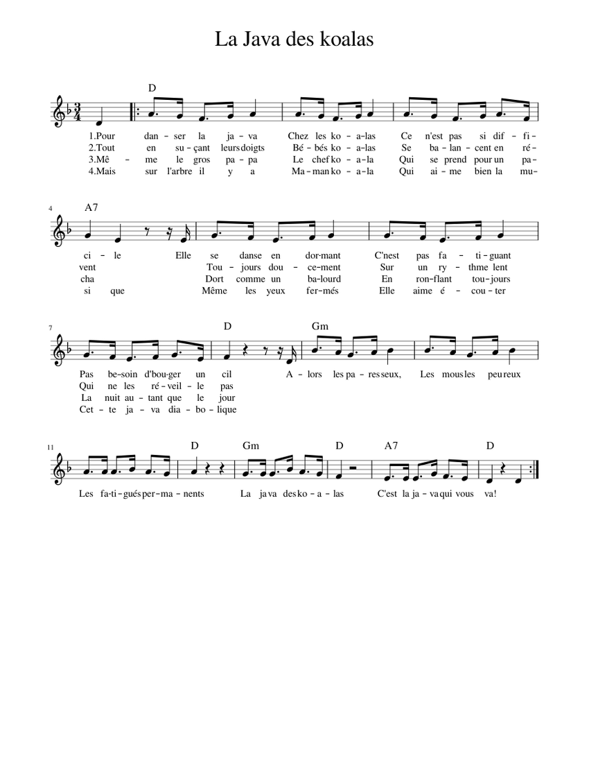 La Java des koalas Sheet Music with Chords for Piano (Solo) easy ...