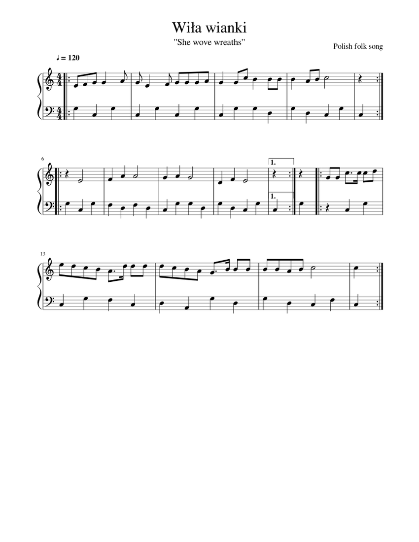 Wiła wianki (She wove wreaths) – Polish folk song Sheet Music for