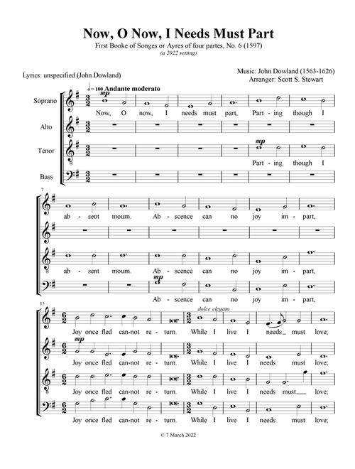 Now, O Now, I Needs Must Part (1597) (Arr. Scott S. Stewart) - John Dowland (Choral, SATB)