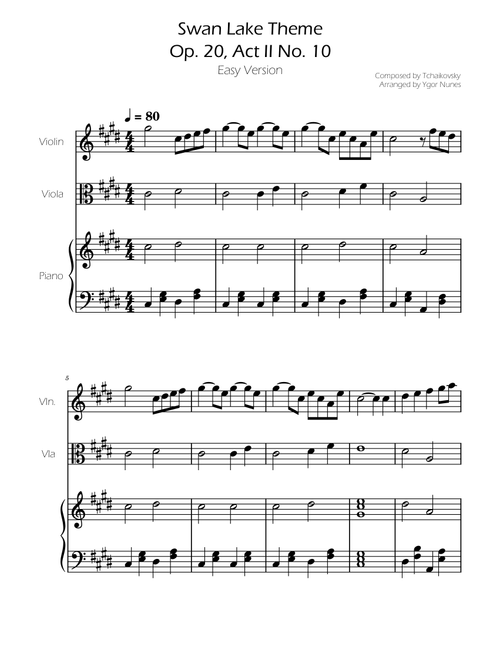 Swan Lake (theme) - Tchaikovsky - Violin and Viola w/ Piano Accompaniment (Arr. Ygor Nunes) (Instrumental Duet and Piano)
