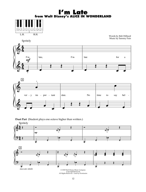 I'm Late (from Alice In Wonderland) - Sammy Fain, Bob Hilliard (5-Finger Piano)