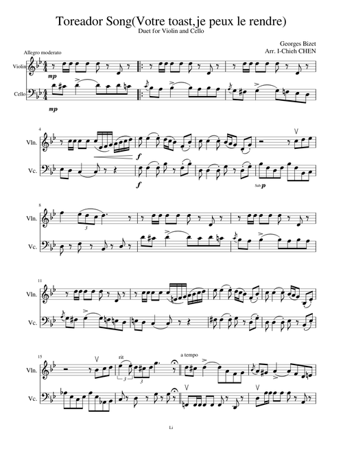 Toreador Song (Votre toast,je peux le rendre) Duet for Violin and Cello