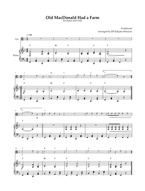 Old MacDonald Had A Farm - Viola and Piano - Easy with Chords in F Major (Arr. JPS Edições Musicais) - Thomas D'Urfey (Viola and Piano)