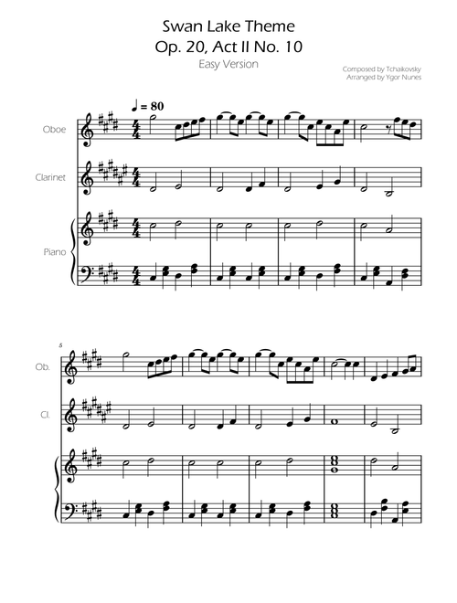 Swan Lake (theme) - Tchaikovsky - Oboe and Clarinet Duet w/ Piano Accompaniment (Arr. Ygor Nunes) (Instrumental Duet and Piano)