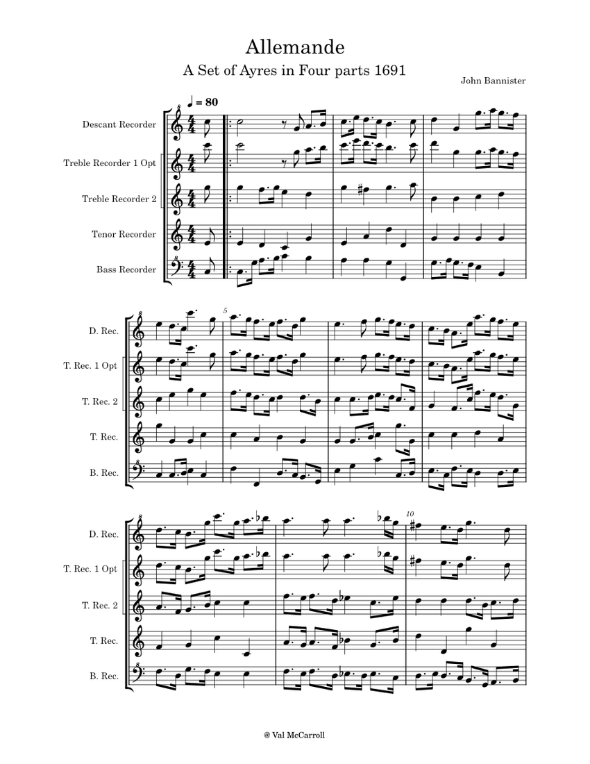 A sett of Ayres in Four Parts John Bannister Sheet music for Recorder