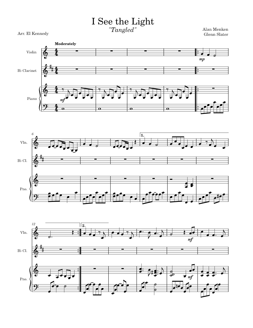 I See The Light From Disneys Tangled Sheet Music For Piano Clarinet In B Flat Violin Mixed 3706