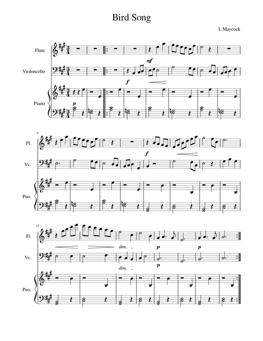 Bird Song Sheet Music for Piano, Flute, Cello (Mixed Trio
