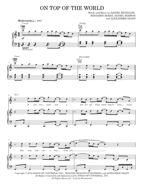 On top of the world - Imagine Dragons (Piano-Vocal-Guitar)