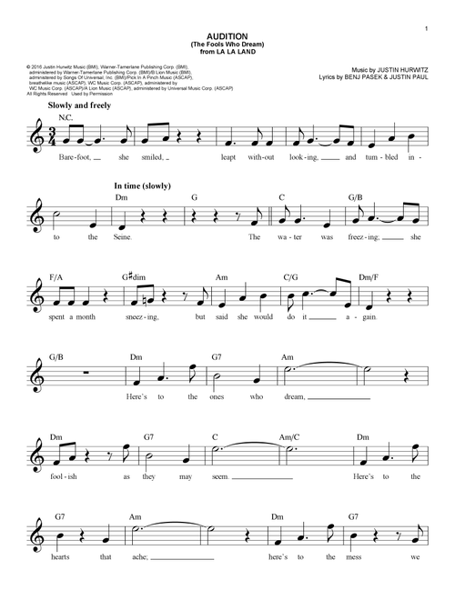 Audition (The Fools Who Dream) (from La La Land) - Justin Hurwitz, Benj Pasek, Justin Paul (Easy Lead Sheet - Fake Book)