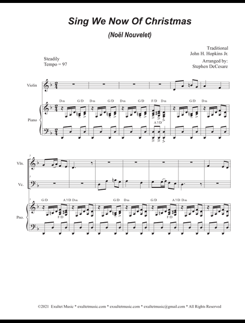 Sing We Now Of Christmas (Noël Nouvelet) (Duet for Violin and Cello) (Arr. Stephen DeCesare) - Traditional John H Hopkins Jr (Instrumental Duet and Piano)