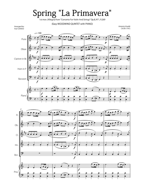 "Spring" (La Primavera) by Vivaldi - Easy version for WOODWIND QUINTET & PIANO (Arr. Iury Cardoso) - Antonio Vivaldi (Small Ensemble)