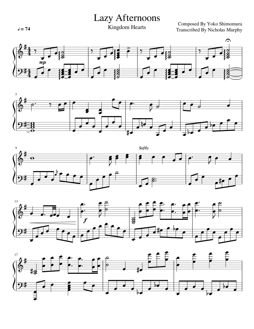 noche Rápido Melodramático Lazy Afternoons (Kingdom Hearts) Sheet music for Piano (Solo) |  Musescore.com