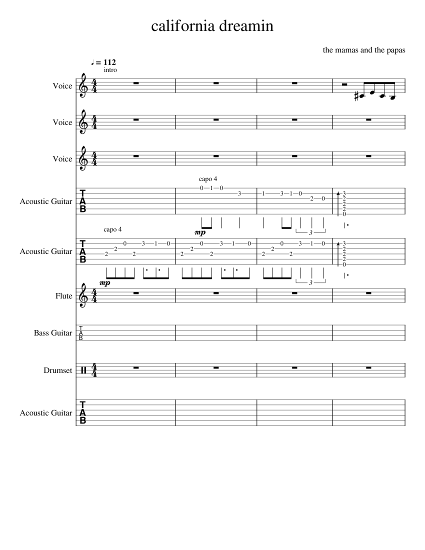 california dreamin Sheet music for Vocals, Flute, Guitar, Bass guitar