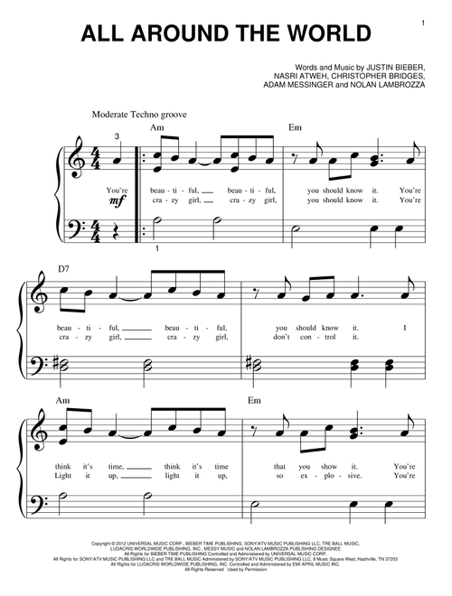 All Around The World - Justin Bieber (Big Note Piano)