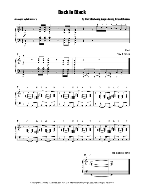 Back In Black (Arr. Erica Avery) - AC/DC (Easy Piano)