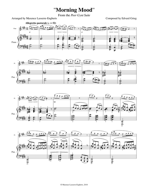 ''Morning Mood'' (from Peer Gynt) for flute and piano (Arr. Maxence Lasserre-Engberts) - Edvard Grieg (Flute and Piano)