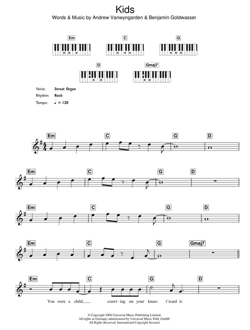 Kids - MGMT (Piano Chords-Lyrics)