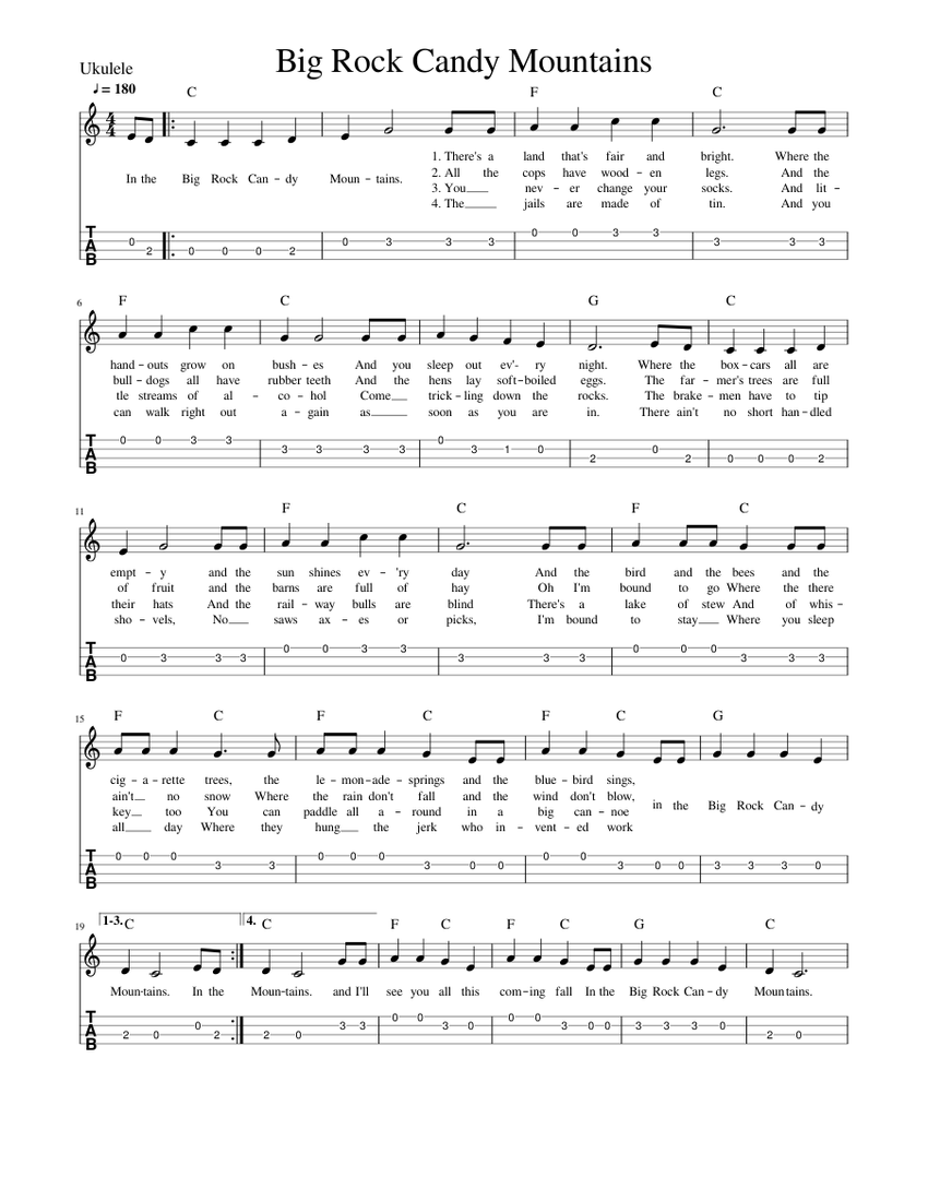 Big Rock Candy Mountains Sheet Music and Tab with Chords for Ukulele ...