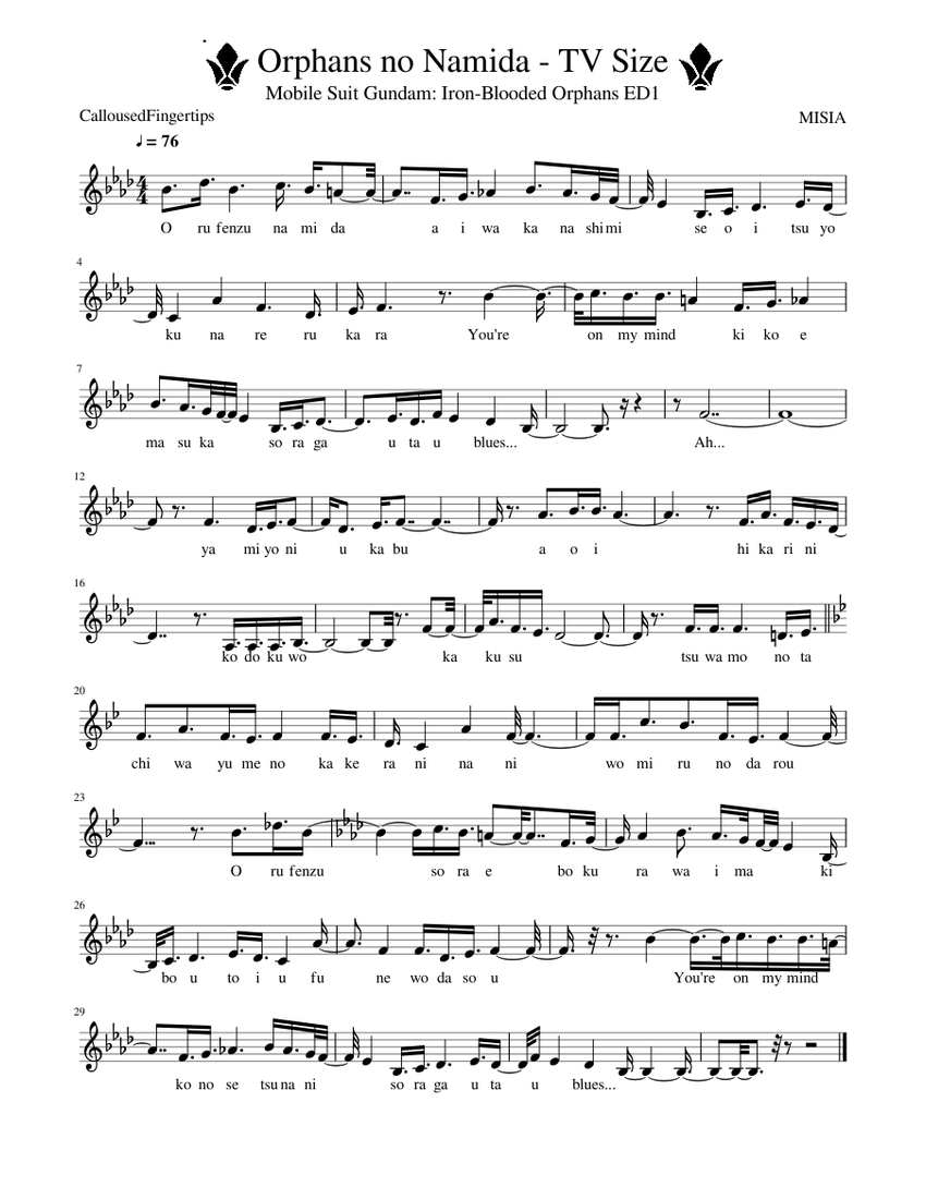 Orphans No Namida Tv Size Mobile Suit Gundam Iron Blooded Orphans Ed1 Sheet Music For Violin Solo Musescore Com