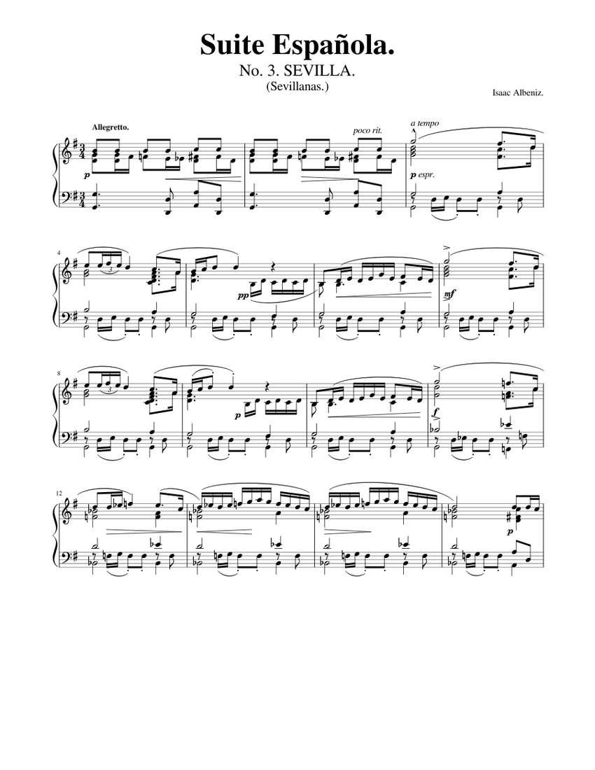 Albeniz - Sevilla (Suite Española No. 1) Sheet Music for Piano
