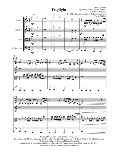 Daylight (Arr. A. Nichols) - David Kushner (String Quartet)