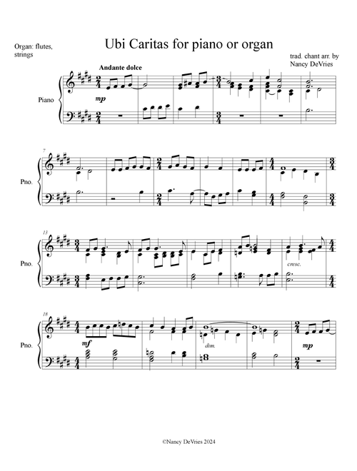 Ubi Caritas for Piano or Organ (Arr. Nancy DeVries) (Piano Solo)