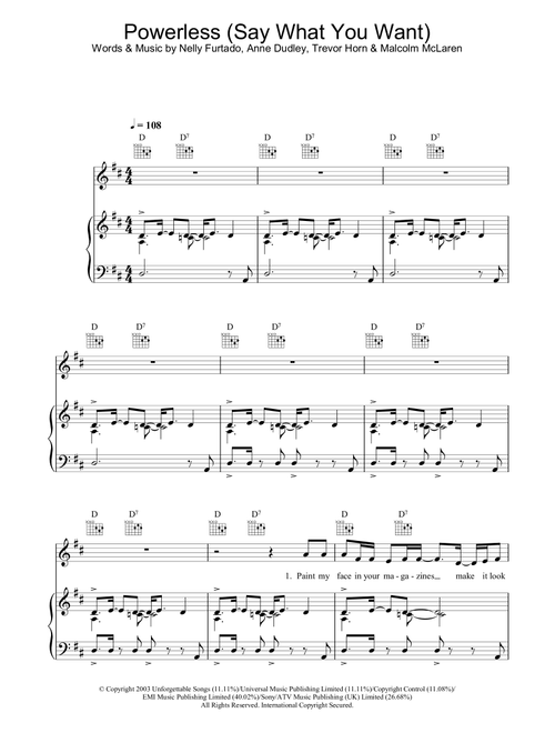 Powerless (Say What You Want) - Nelly Furtado (Piano-Vocal-Guitar (Piano Accompaniment))