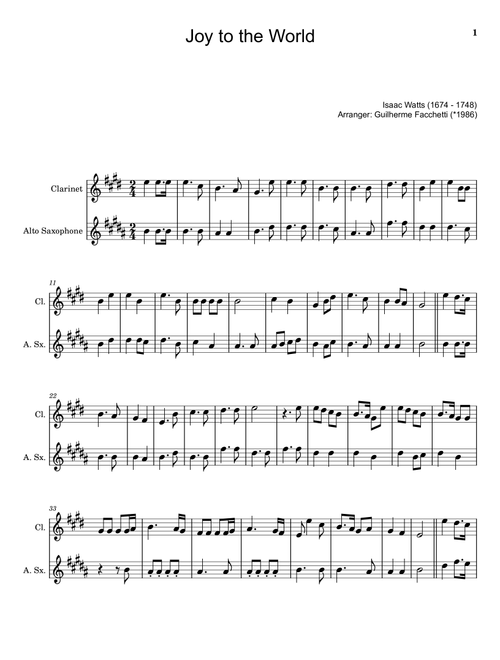 Joy to the World Clarinet and A. Sax. (Arr. Guilherme Facchetti) - Isaac Watts (Instrumental Duet)